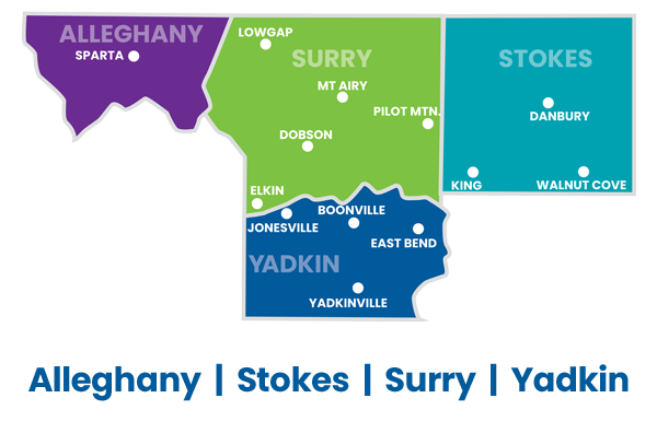 Color coded map for the section of North Carolina that the Northwestern Regional Library covers: Alleghany Surry, Stokes and Yadkin.