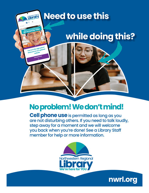 Policy flyer for using your cell phone at the library. It's fine but please keep it on silent.